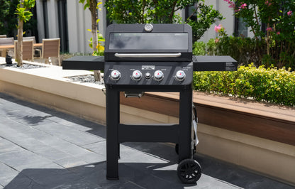 Monument Grills 4-Burner Liquid Propane Gas Grill, Black Stainless Steel Grill with Clearview® Lid and One Foldable Shelve for Outdoor Cooking Kitchen and Patio Backyard, Mesa420MF with BBQ Cover