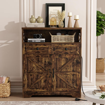 31.5" Rustic Brown Storage Cabinet with Doors and Drawers, Farmhouse Sideboard Buffet Cabinet with Storage, Kitchen Pantry Hutch Cabinet, Coffee Bar Station Table for Kitchen, Livingroom, Dining Room