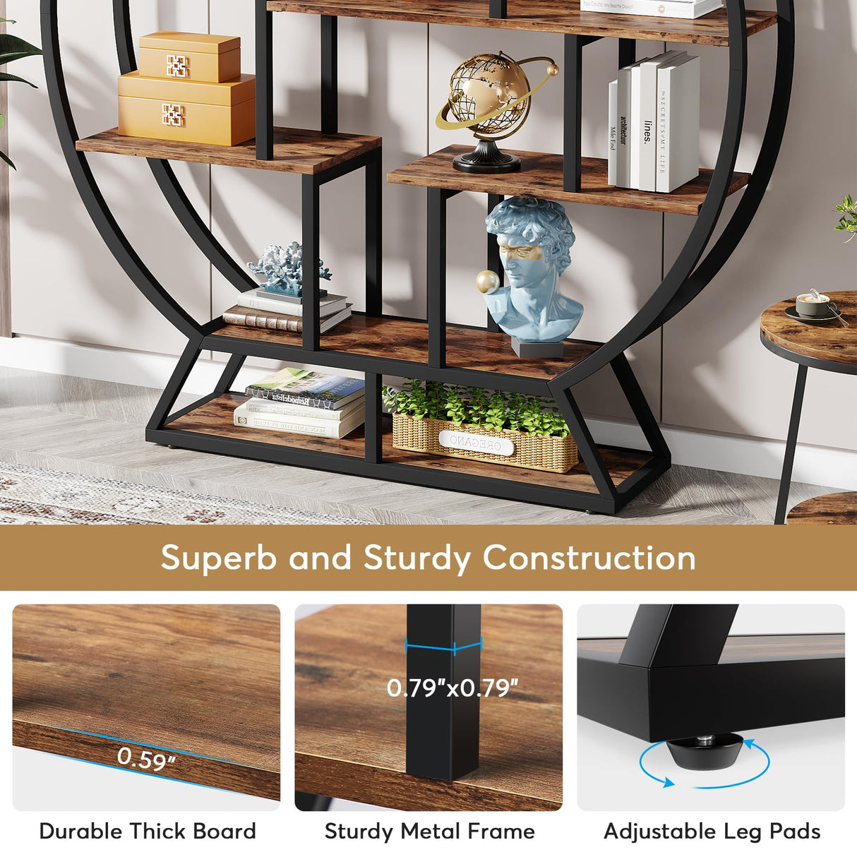 Tribesigns 63 Inch Rustic Brown Industrial Round Etagere Bookshelf with Staggered Shelves Tribesigns