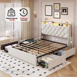 TIGUBFRE Full Size Bed Frame with 4 Drawers and Storage Headboard, Upholstered Tufted Wingback Bed Frame with LED Lights and Charging Station, No Box Spring Needed, Easy Assembly, Noise Free, Beige TIGUBFRE