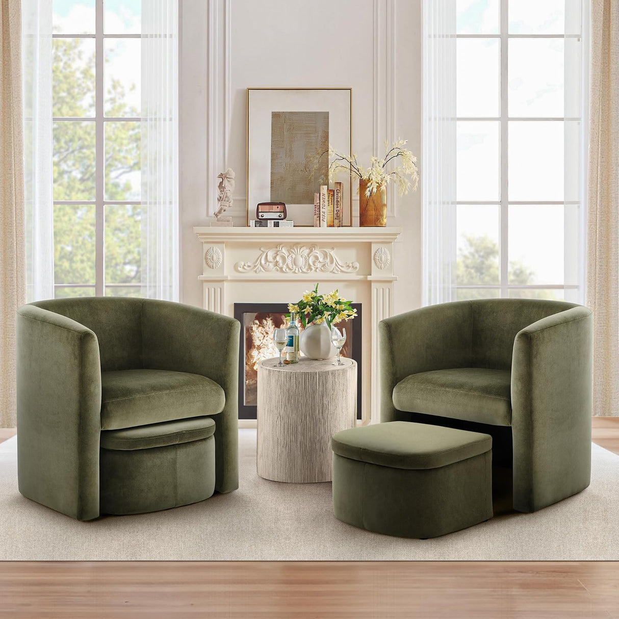 COLAMY Upholstered Velvet Barrel Accent Chair with Storage Ottoman, Morden Living Room Chair with Lounge Seat for Bedroom/Reading Spaces, Green COLAMY