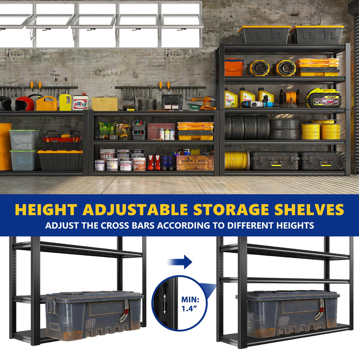 REIBII 48.2''W Garage Shelving 2500LBS Storage Shelves Heavy Duty Shelving 5 Tier Adjustable Metal Shelves for Garage Shelves Storage Rack Industrial Utility Shelf, 48.2''W X 72''H X18''D REIBII