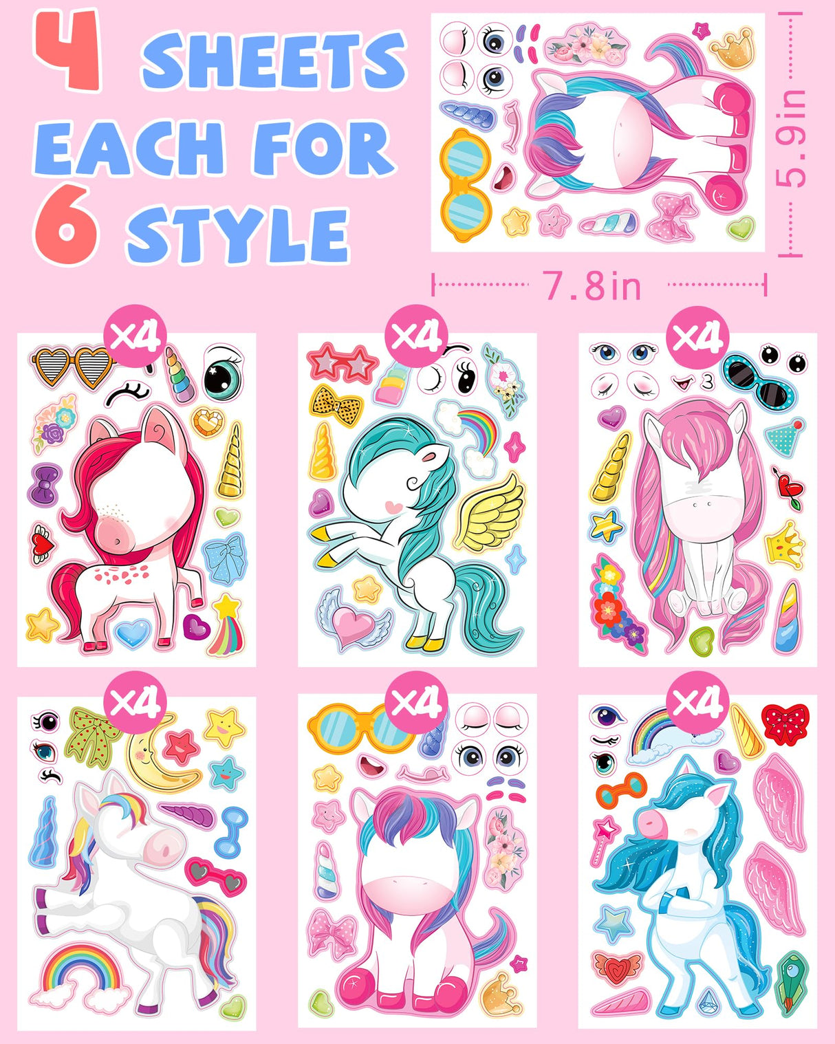 24 Pcs Make Your Own Unicorn Sticker Sheet, Unicorn Party Favors Face Stickers for Kids Girls Toddlers Crafts Activities Bags Birthday Party Favors Valentines Day Gifts for Kids Classroom Greingways
