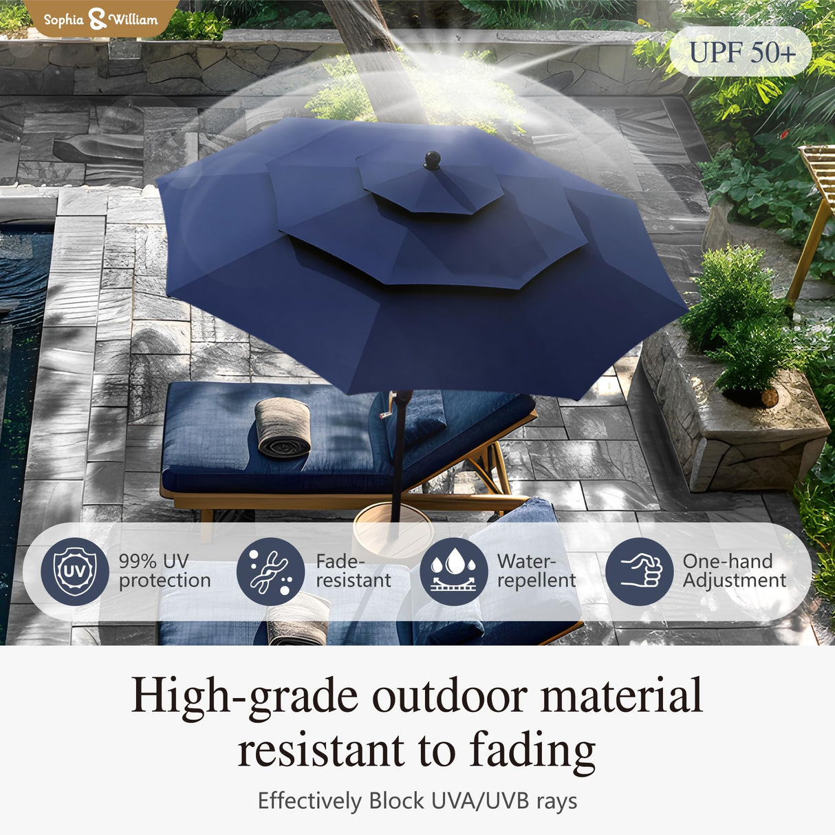 Sophia & William Metal Outdoor Patio Dining Set 6 PCS with 10ft 3 Tier Auto-tilt Umbrella(Navy Blue), 4 x Metal Outdoor Chairs, 1 x Square 37"x 37" Dining Table and 1 Patio Umbrella Sophia & William