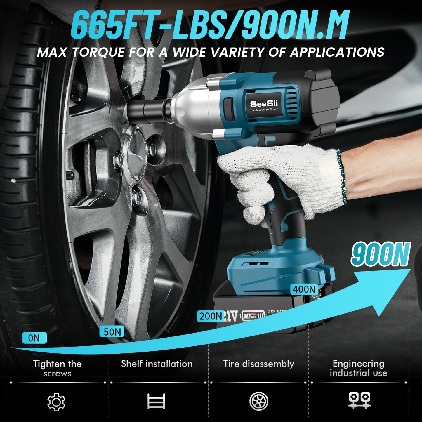 Seesii Cordless Electric Impact Wrench 1/2 inch for Car Home, 665Ft-lbs(900N.m) Brushless, 3300RPM High Torque Gun w/ 2x 4.0Ah Battery,Charger & 6 Sockets, WH710 - WoodArtSupply