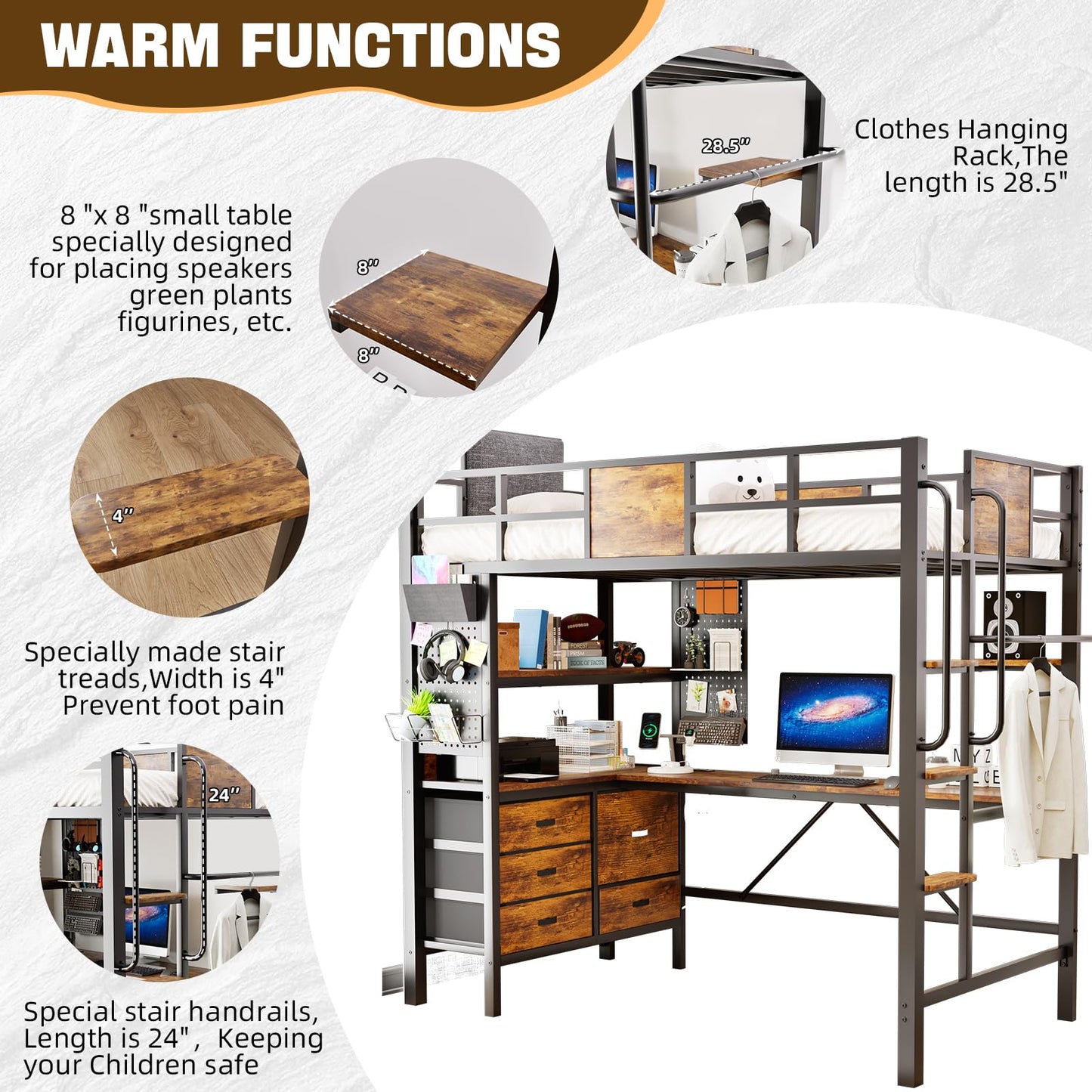 BUSYAEH Vintage Brown Bunk Bed with L-Shaped Desk, RGB LED Lights, and Charging Station - WoodArtSupply