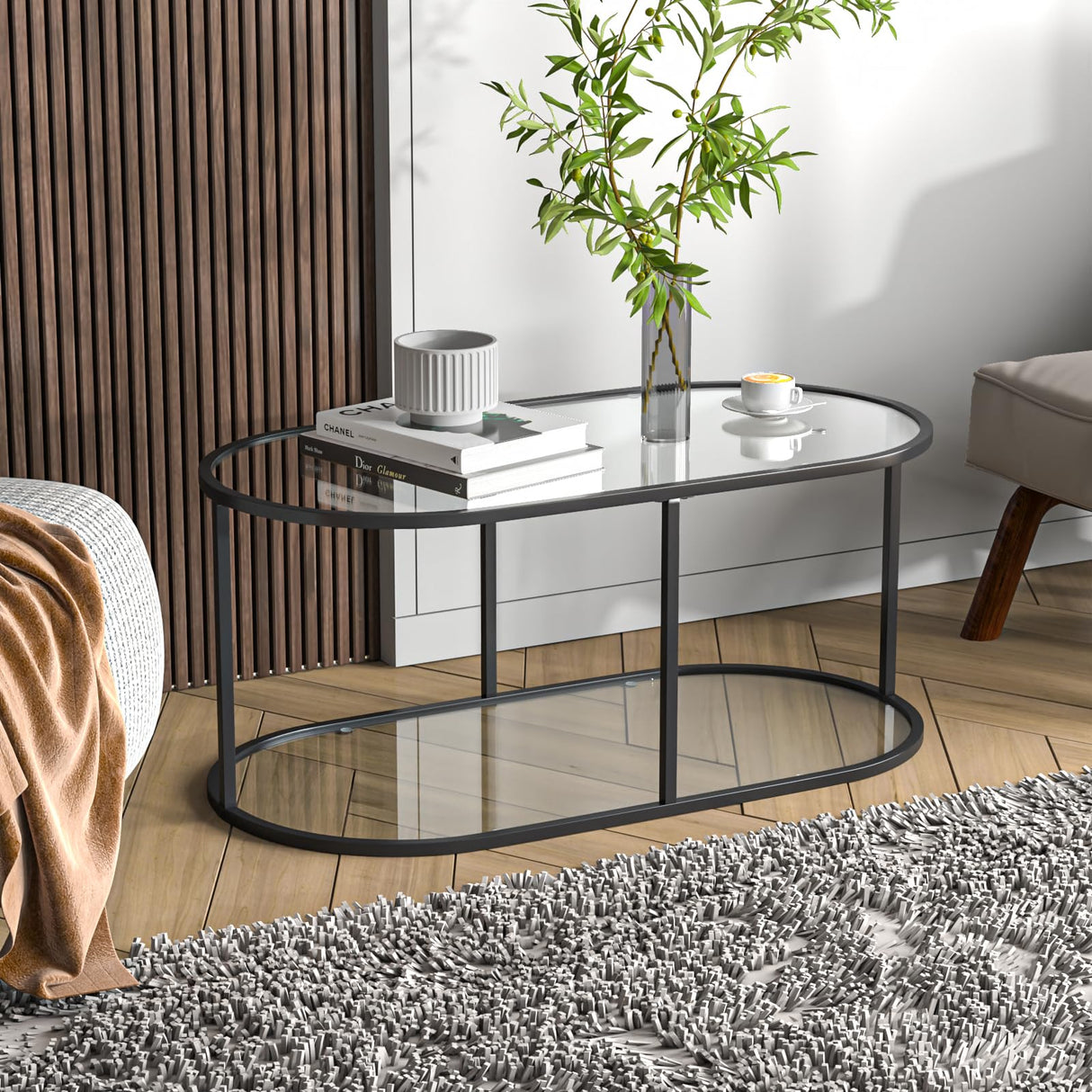 Wolawu Coffee Table Black Glass Coffee Table for Living Room,2 Tiers Oval Center Table with Sturdy Metal Frame,Modern Tempered Glass Accent Table for Bedroom Home Office Wolawu