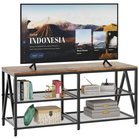 Katrawu TV Stand for TV up to 55 Inch, Long 43" TV Cabinet with 3-Tier Storage Shelves,Entertainment Center TV Console Table for Living Room with Industrial TV Metal Frame, Rustic Brown