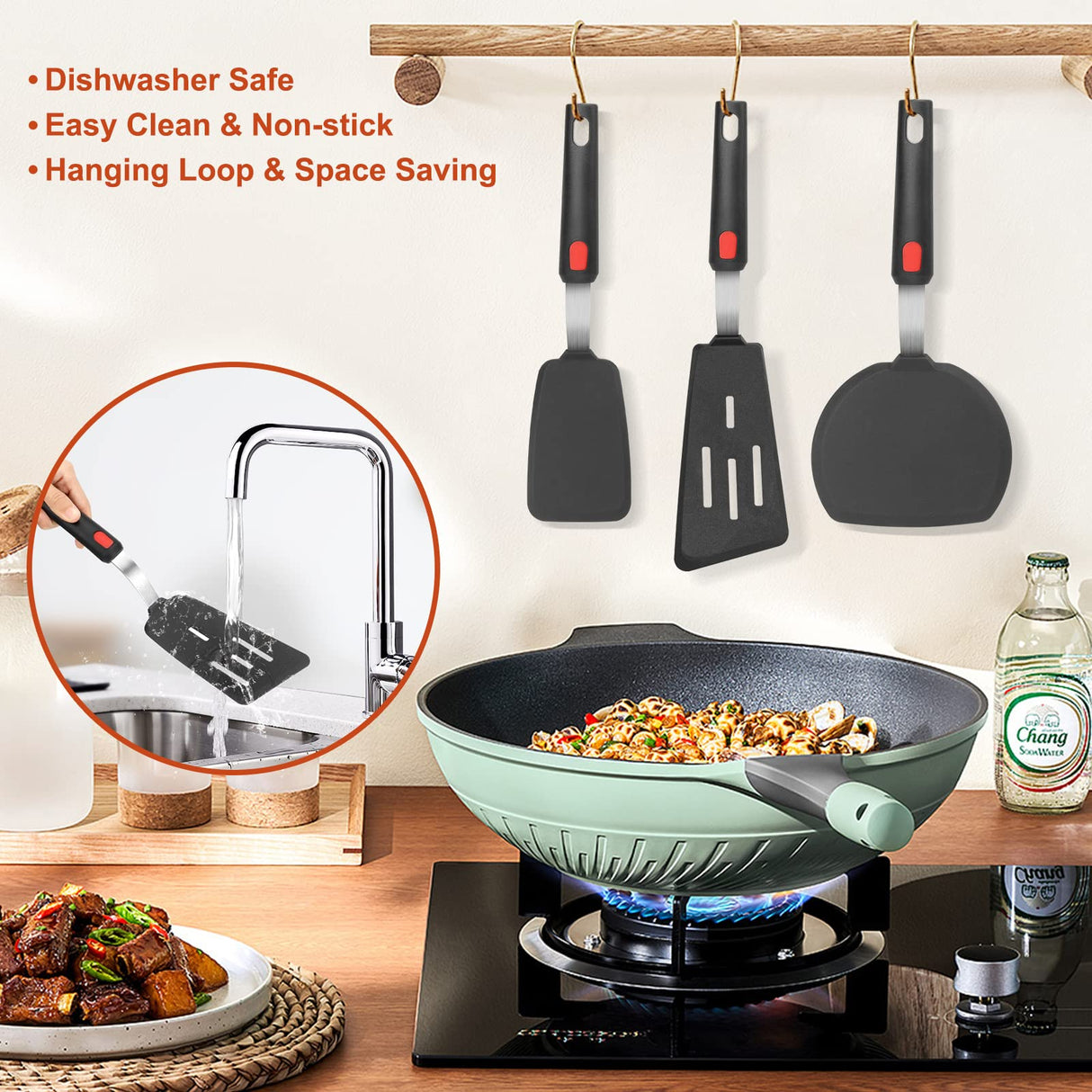 Hotec Silicone Spatula Turner for Nonstick Cookware, Cooking Spatula 600°F Heat Resistant Large Flexible Rubber Spatula Set of 3, Kitchen Utensils for Flipping Eggs, Burgers, Pancakes, Crepes HOTEC