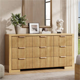 HOTALLOY Fluted Dresser for Bedroom, 9 Drawer Dresser with Gold Handle, 57" Wide Chest of Drawers, Modern Wood Dressers Organizer for Bedroom, Liveroom, Entryway, Natural Oak HOTALLOY
