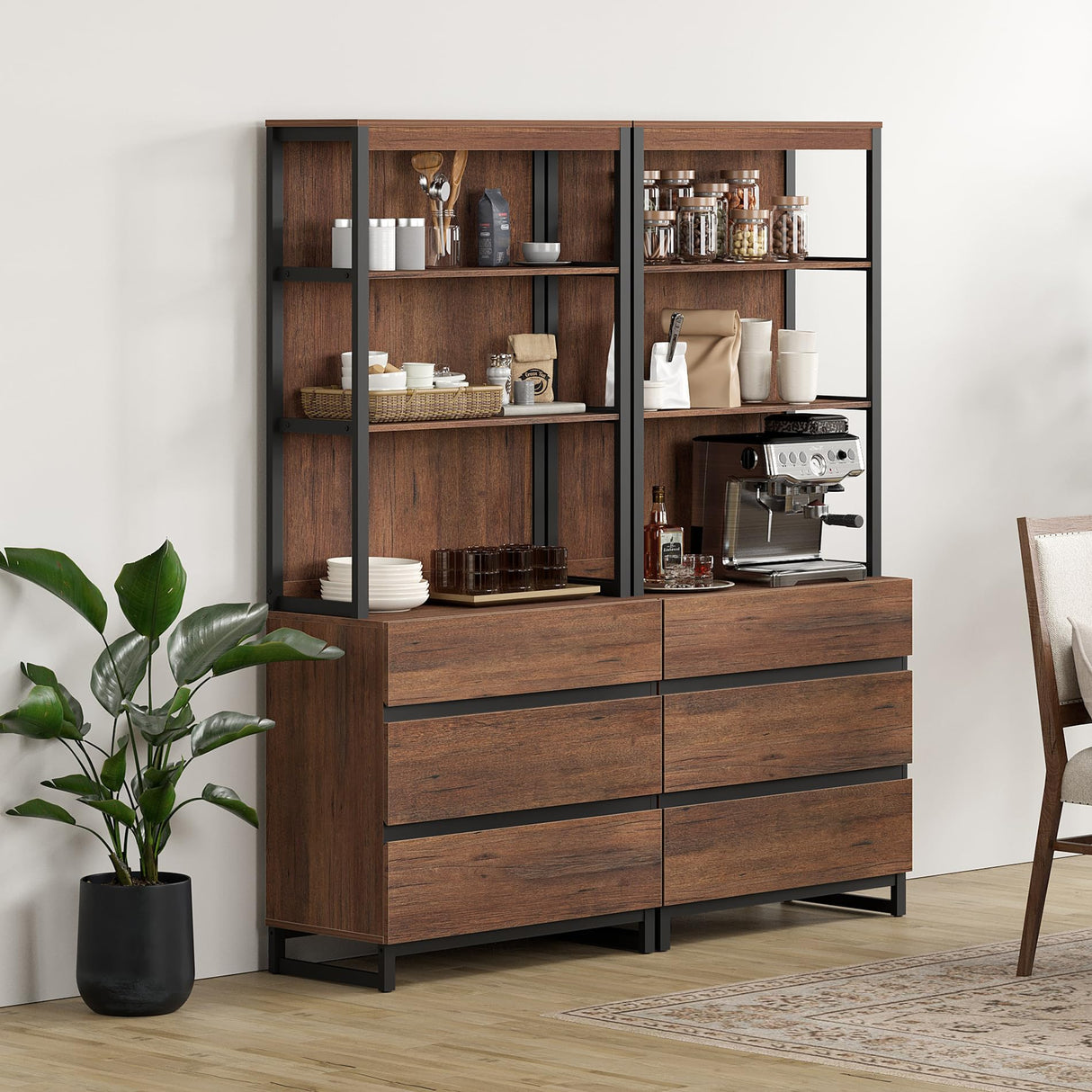 WAMPAT 2 PCS Modern 72" Tall Bookcase with 6 Drawers and Open Book Shelfs, Library Book Shelf with Storage Cabinet and Metal Base, Wood Freestanding Bookshelves for Home Office, Living Room, Brown WAMPAT