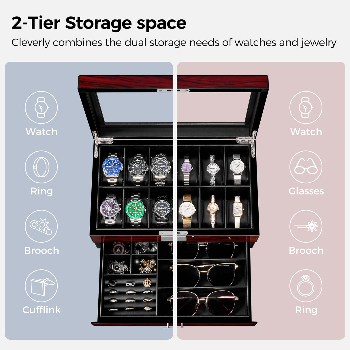 ANWBROAD Watch Box Storage Watch Cases for Men with Large Glass Lid 2-Tier Wood Watch Display Case Lockable Watch Organizer Giftable Luxurious Watch Holder for Women UJWB003Y ANWBROAD