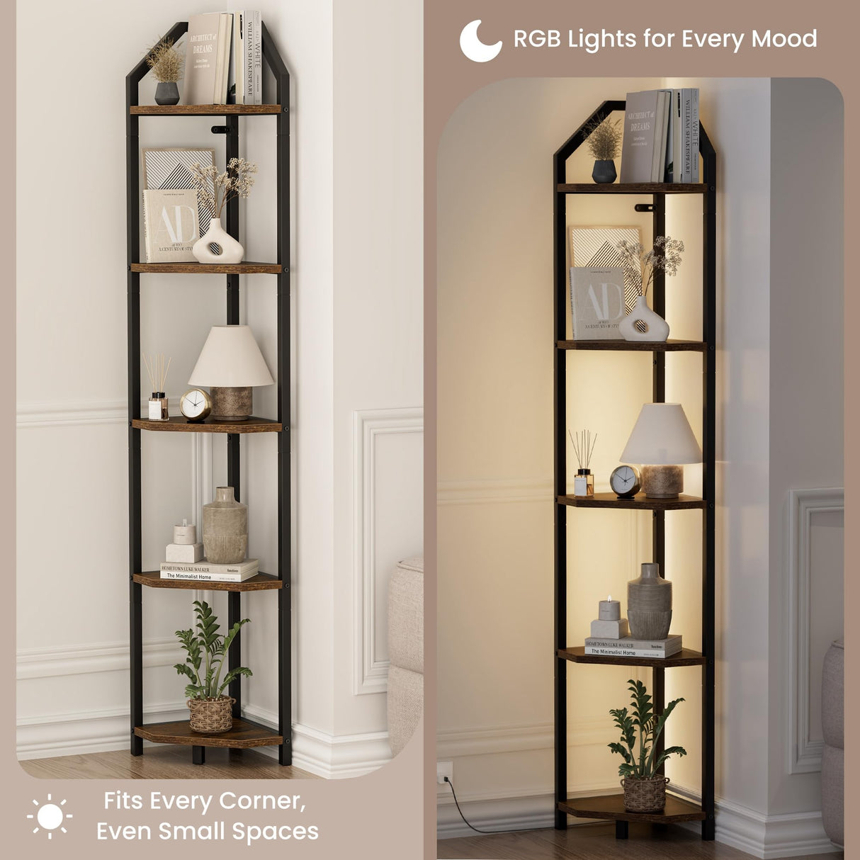 5-Tier Corner Shelf | 70 Inch Tall Bookshelf & Plant Stand, Heavy Duty Storage for Home Office & Living Room - Brown Realgulf