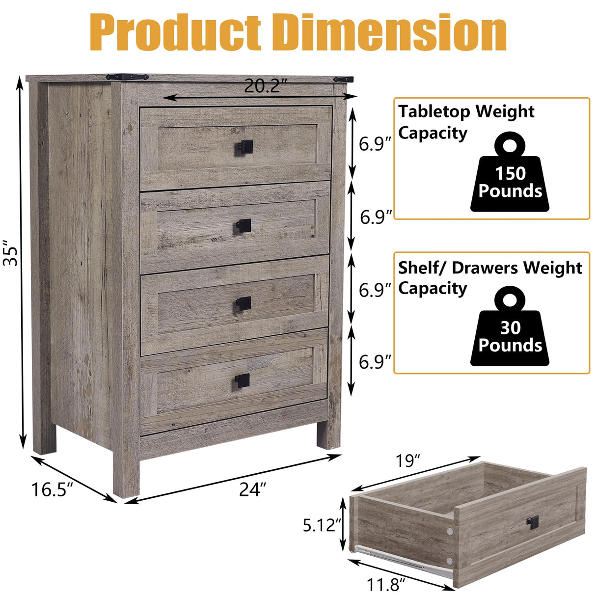 BTDWI Farmhouse 4 Drawer Dresser for Bedroom, 24" Wide Wood Dresser with Metal Handle for Bed Room, Hallway, Light Grey Rustic Oak BTDWI