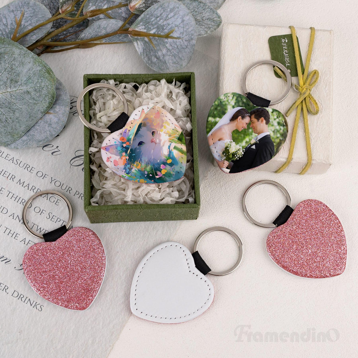 Framendino, 8 Pack Sublimation Blank Keychain Glitter PU Leather Love Heart Heat Transfer Key Chain for Personalized DIY Crafts Photo Pink Framendino