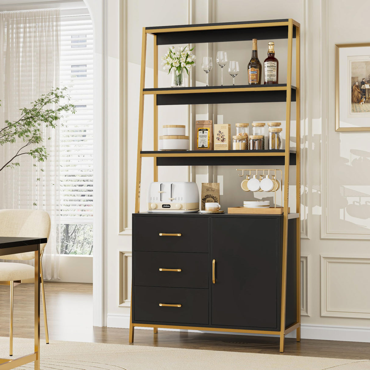 HITHOS 69" Tall Bookshelf, Modern 4-Tier Bookcase with Wooden Drawers and Ladder Shelves, Free Standing Storage Cabinet Kitchen Bakers Rack with Microwave Oven Stand for Home Office, Black Gold HITHOS