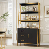 HITHOS 69" Tall Bookshelf, Modern 4-Tier Bookcase with Wooden Drawers and Ladder Shelves, Free Standing Storage Cabinet Kitchen Bakers Rack with Microwave Oven Stand for Home Office, Black Gold HITHOS