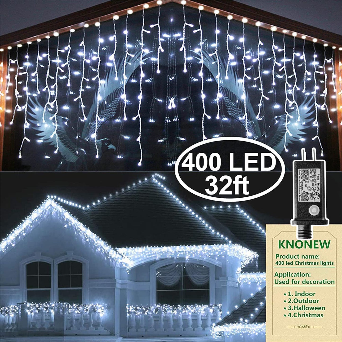 KNONEW Christmas Lights Outdoor Decorations 400 LED 33ft 8 Modes Curtain Fairy String Light with 75 Drops, Clear Wire LED String Light Decor for Wedding Party Holiday Christmas Decorations Cool White