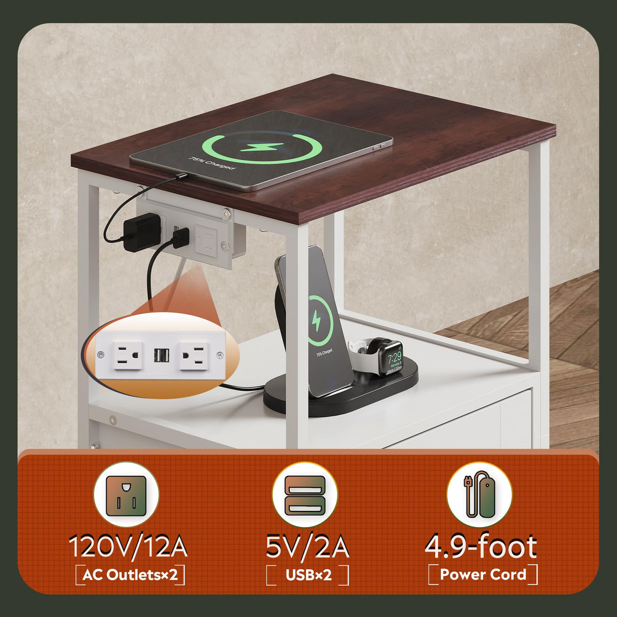 WLIWLIVE End Table with Charging Station, Bed Side Table with Open Shelf and Cabinet, Farmhouse Night Stand, End Tables Living Room, Bedroom, Small Spaces, White and Greige WLIVE