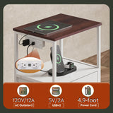 WLIWLIVE End Table with Charging Station, Bed Side Table with Open Shelf and Cabinet, Farmhouse Night Stand, End Tables Living Room, Bedroom, Small Spaces, White and Greige WLIVE