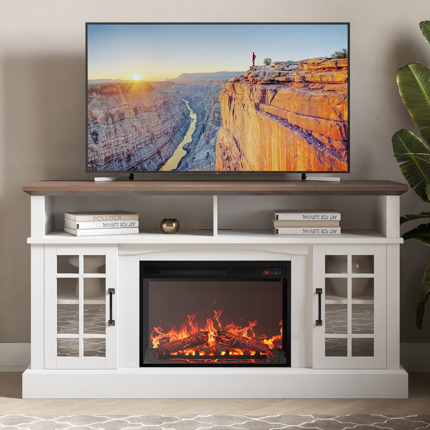 BELLEZE Traditional 58" Rustic TV Stand with 23" Electric Fireplace Heater with Sound, Media Entertainment Center Console Table for TV up to 65" with Open Storage Shelves and Cabinets - White