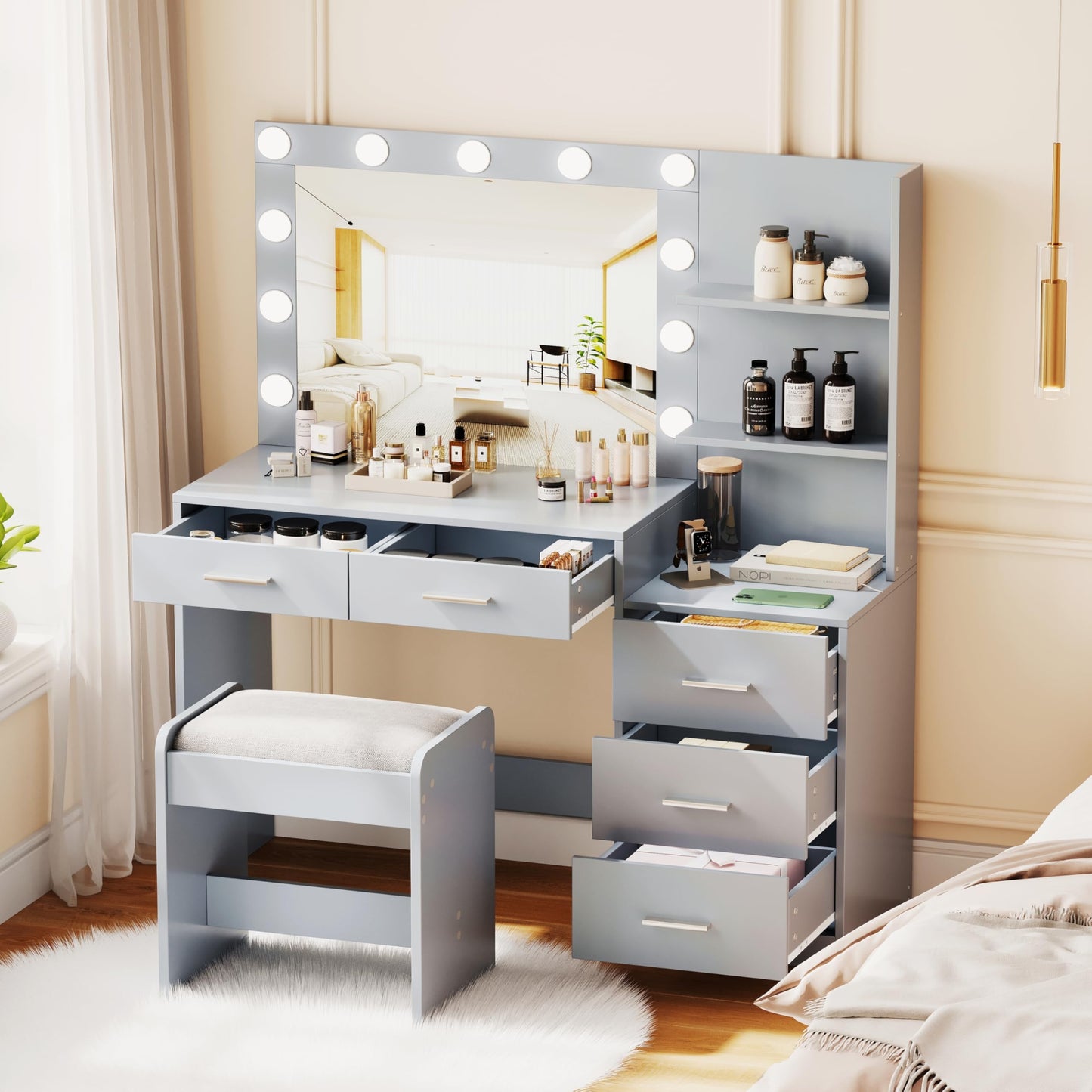 Rovaurx 46.7" W Makeup Vanity Set with Lights and Mirror, Vanity Desk with 5 Drawers, 3 Lighting Colors, Dressing Table for Bedroom, Studio, Grey