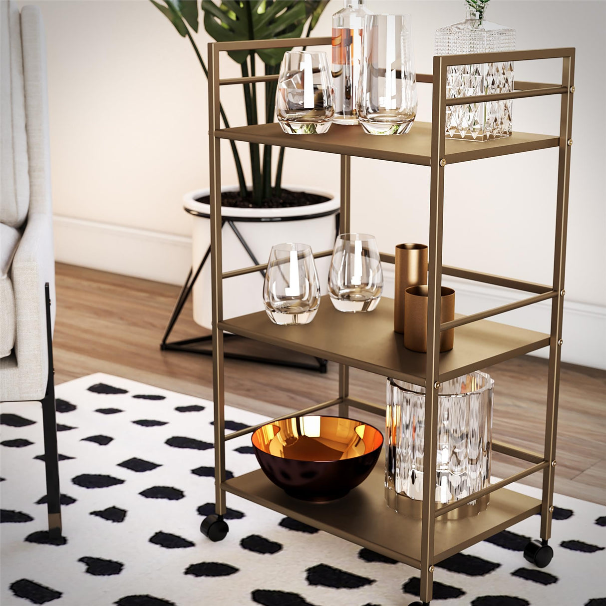 Novogratz Helix Small Bar Cart for the Home, 3 Tier Rolling Cart With Wheels, Kitchen Cart with Storage for Beverages and Wine, Gold Novogratz