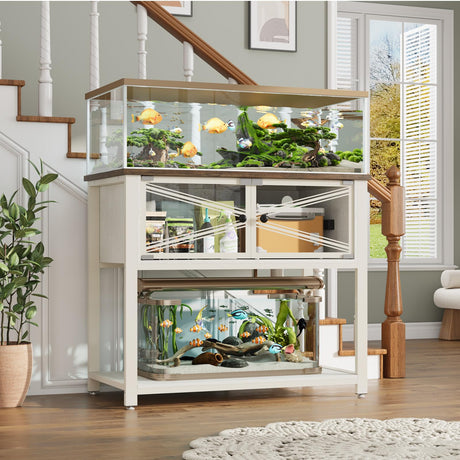 Rresyet 40-50 Gallon Aquarium Stand with Heavy Duty Metal Frame, Fish Tank Stand with Power Outlets, Two Glasses Door Storage Cabinet, Suitable for Turtle Tank, Reptile Tank, White+Brown Rresyet