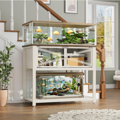 Rresyet 40-50 Gallon Aquarium Stand with Heavy Duty Metal Frame, Fish Tank Stand with Power Outlets, Two Glasses Door Storage Cabinet, Suitable for Turtle Tank, Reptile Tank, White+Brown
