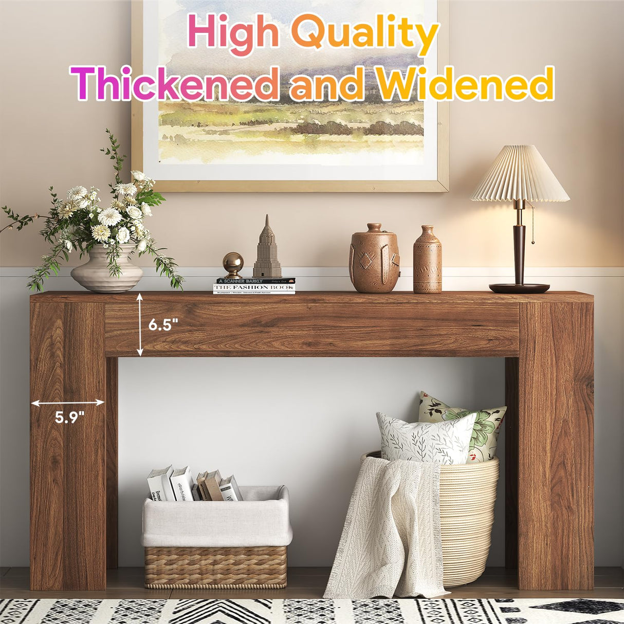 knoworld 63-Inch Long Console Table with LED Light, Farmhouse Sofa Table Behind Couch, Wooden Console Table for Entryway Hallway Entrance Living Room, Brown knoworld