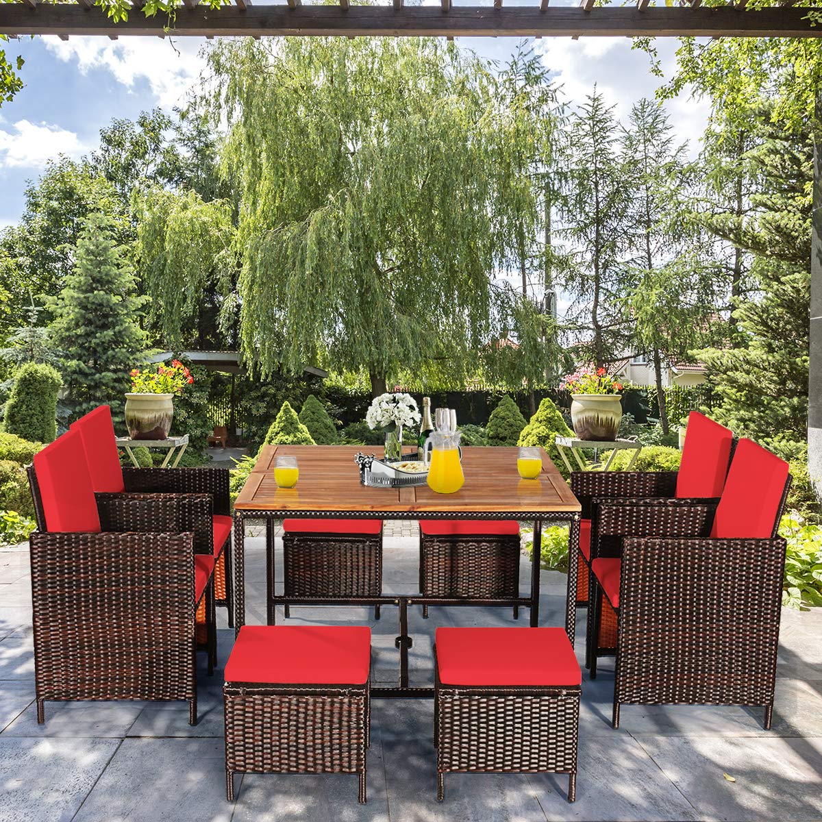 COSTWAY 9PCS Patio Rattan Dining Set Cushioned Chairs Ottoman Wood Table Top Red