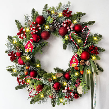 Christmas Wreath Decorations - 20" Christmas Wreaths for Front Door with Candy Canes Christmas Ball Ornaments, Lifelike Pine Cones Berries & Bow, Christmas Door Wreath for Indoor Outdoor Wall Decor Yastouay