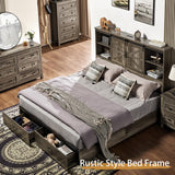 VanAcc Rustic Grey Queen Size Wooden Platform Bed Frame with Bookcase Headboard & Storage Drawers VanAcc