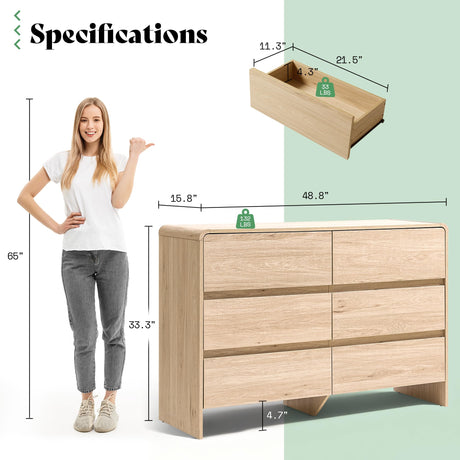 AMERLIFE 6 Drawer Dresser for Bedroom, 49" Wide Modern Chest of Storage Drawers with Rounded Corners, Anti-Tip Kit, Wood Cabinet Organizer for Closet, Living Room, Nursery, Easy Assembly, Light Oak AMERLIFE