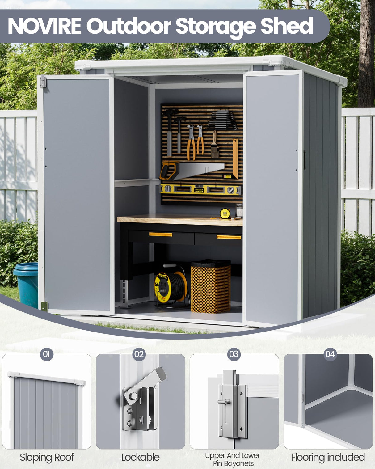 NOVIRE 5x3 Resin Garden Sheds & Outdoor Storage on Clearance, Weather-Resistant Plastic Shed with Floor and Lockable Door for Garden Tools, Lawn Mower, Bike, Backyard Organization, Aritic Light Grey NOVIRE