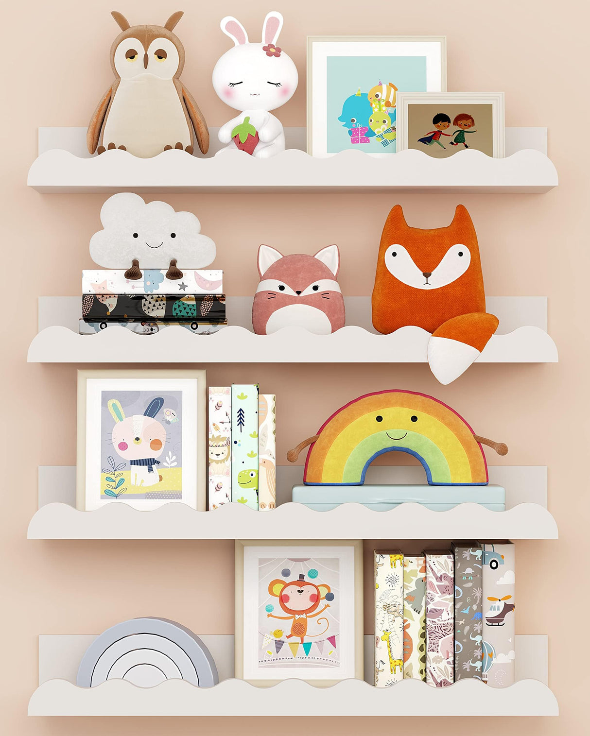 Kids' Bookshelf Set of 4 - White Floating Nursery Book Shelves, Picture Ledge Shelf for Wall Decor and Storage - Perfect for Books, Toys, Photo Frames, and Nursery Décor Seocry