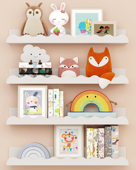 Kids' Bookshelf Set of 4 - White Floating Nursery Book Shelves, Picture Ledge Shelf for Wall Decor and Storage - Perfect for Books, Toys, Photo Frames, and Nursery Décor Seocry