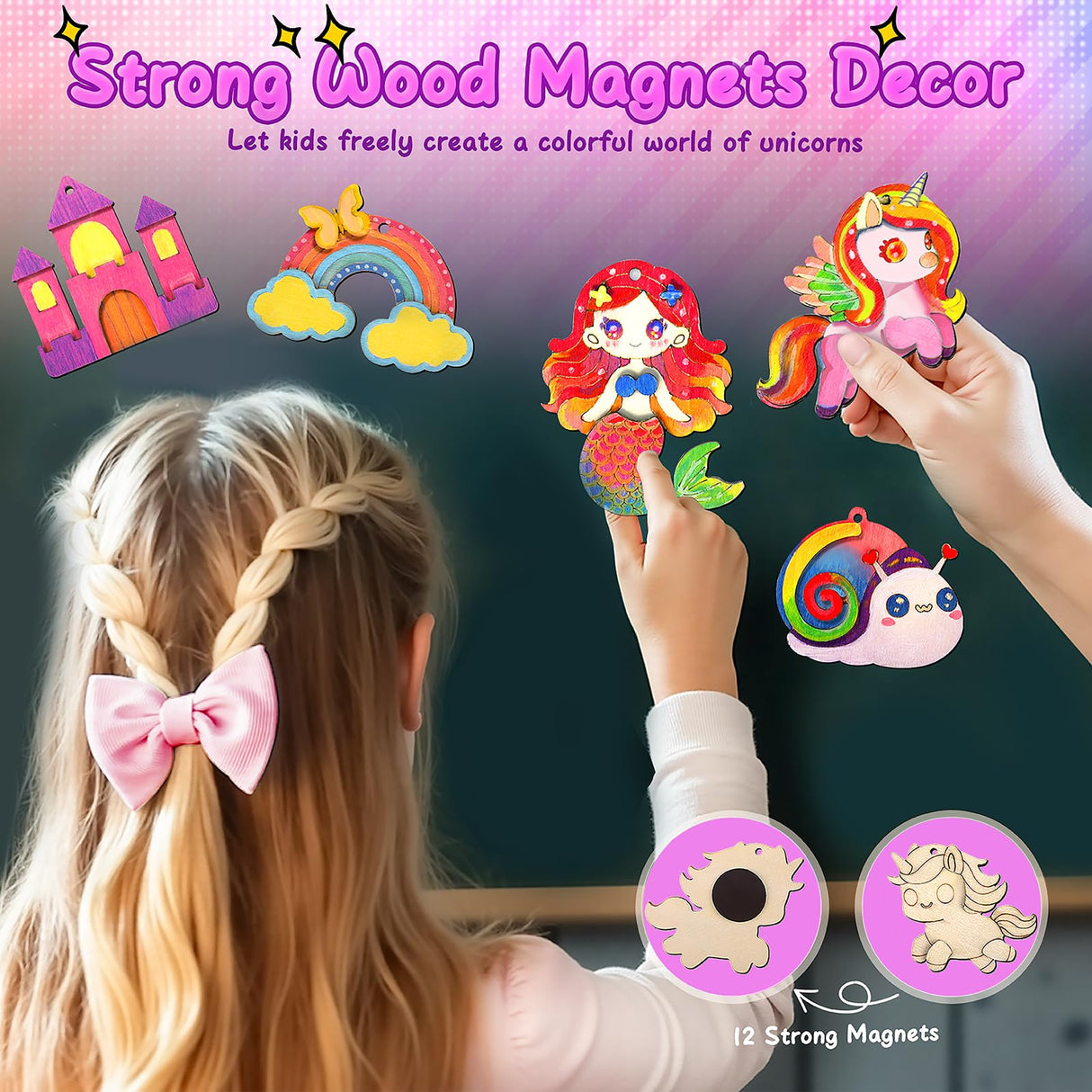 12 DIY Unicorn Wooden Magnets, Halloween Crafts for Kids Art Craft Supplies Painting Kits for Girls Boys Ages 4-8 8-12 Halloween Party Favors Basket Goodie Bag Stuffers Crafts Decoration Unicorn Gifts Gadetouq