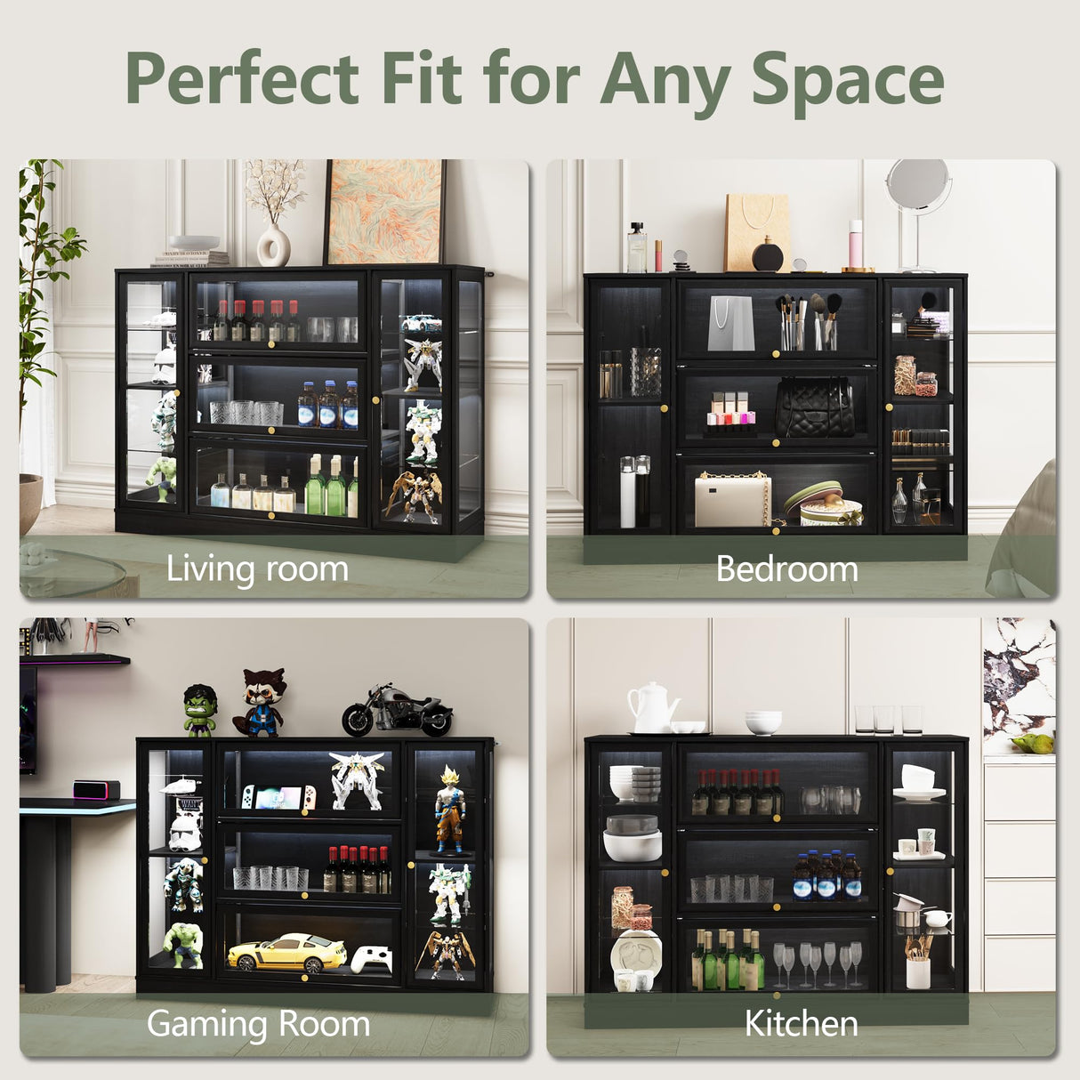 BONITURE Display Cabinet with Acrylic Glass Doors,Extra Wide Curio Cabinet with LED Lighting for Collectibles, Collectibles Toy Organizers Rack & Display Shelf Display Case, Black BONITURE