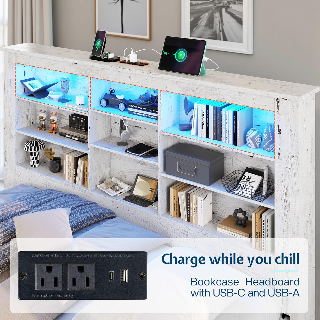 Jocisland Twin Daybed with Bookcase Headboard, USB-C Charging, RGB Lights ＆ 3 Drawers, No Box Spring Needed, Farmhouse Wood Bed Frame for Teens, Dorms, Guest Room, Distressed White Jocisland