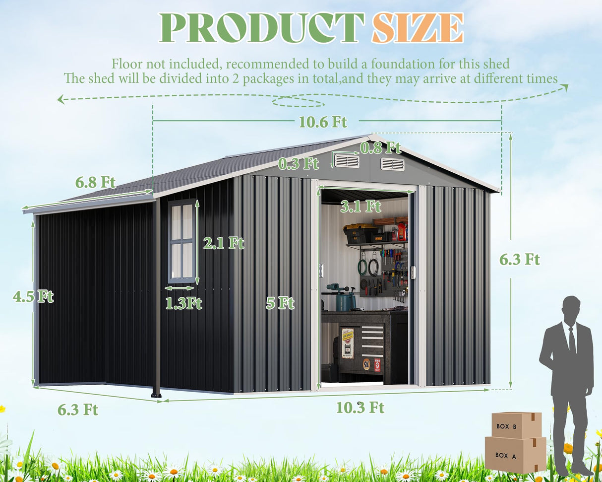 AMERLIFE 10.6x6.8x6.3 FT Galvanized Metal Storage Shed with Open Firewood Bay, Sliding Doors & Ramp, 2 Windows & Vents, Weather-Resistant Outdoor Tool/Garden Shed, Dark Gray AMERLIFE
