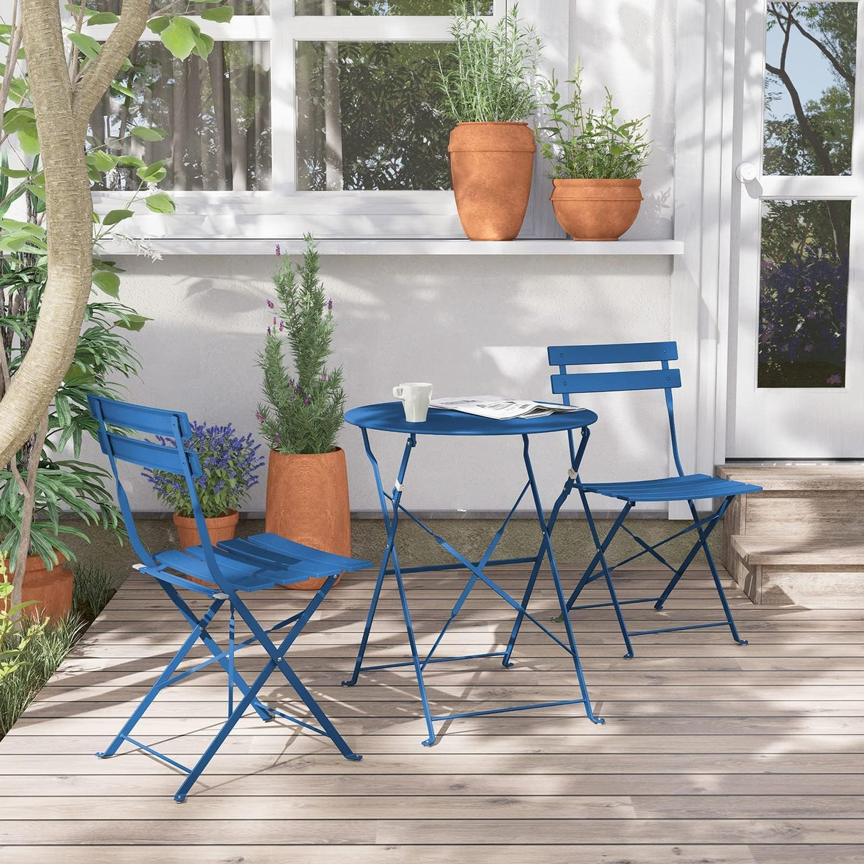 Grand Patio Premium Frame Patio Bistro Set, Folding Outdoor Patio Furniture Sets, 3 Piece Patio Set of Folding Patio Table and Chairs, Peacock Blue Grand patio