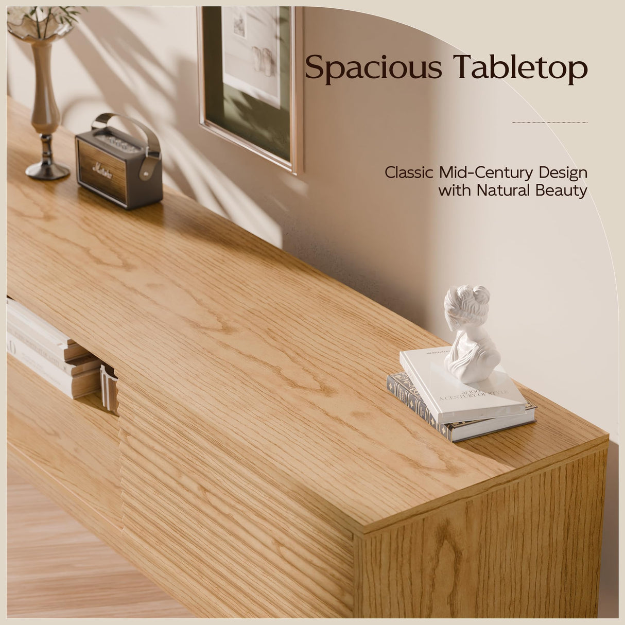 TOLEAD 70" TV Console, Mid Century Modern Media Console for 55/65/75 Inch TV, Low Profile TV Stand with Fluted Sliding Doors, Boho Light Wood Credenza for Living Room, Oak TOLEAD