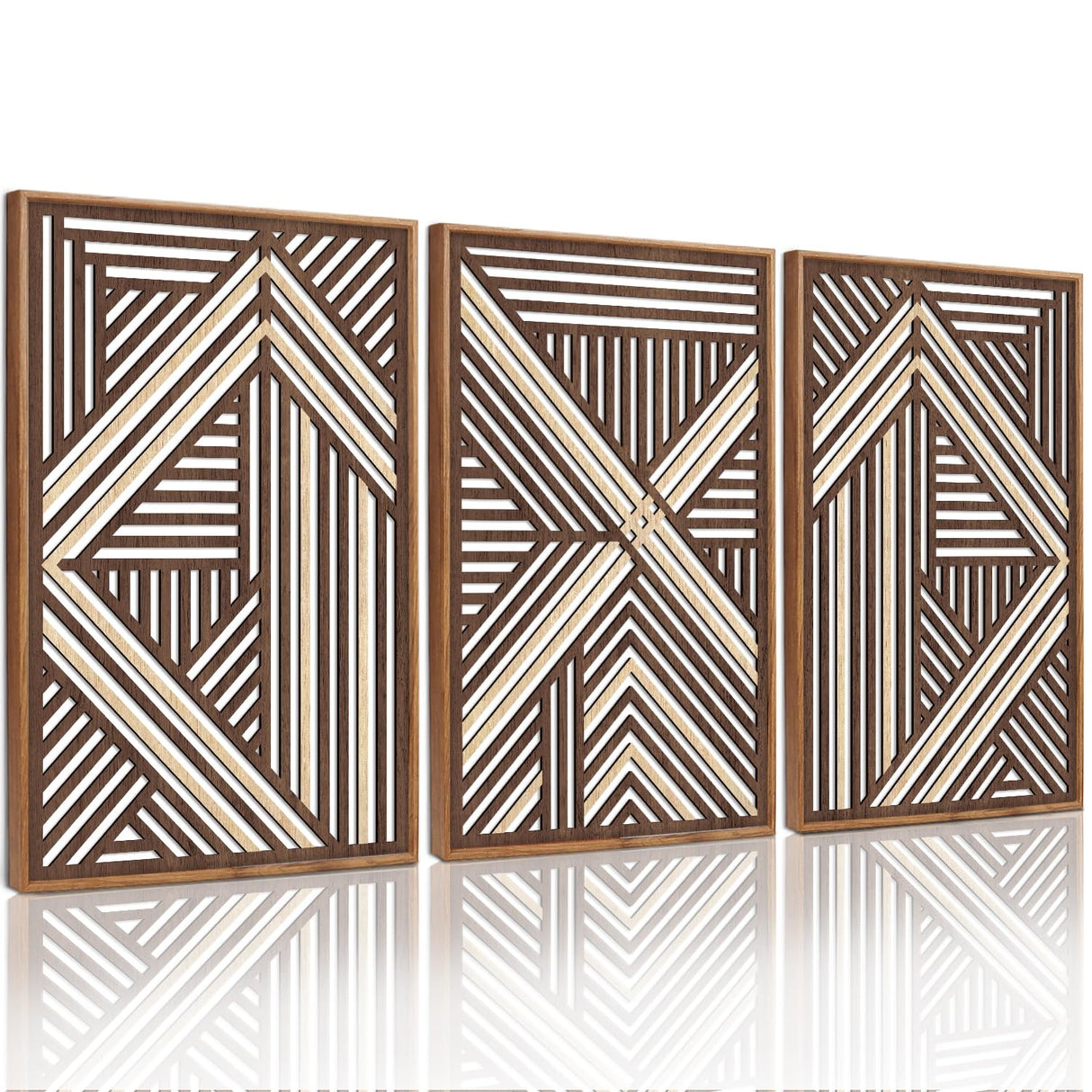 CHDITB Boho Geometric Wood Wall Art(Set of 3, 16"x24"), Large Modern Wooden Panel Hollow Line Art Decor, Rustic Abstract Minimalist Wall Hanging Artwork for Bedroom Living Room Office CHDITB