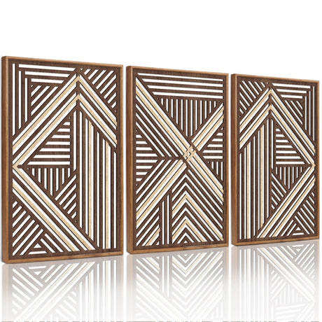 CHDITB Boho Geometric Wood Wall Art(Set of 3, 16"x24"), Large Modern Wooden Panel Hollow Line Art Decor, Rustic Abstract Minimalist Wall Hanging Artwork for Bedroom Living Room Office CHDITB