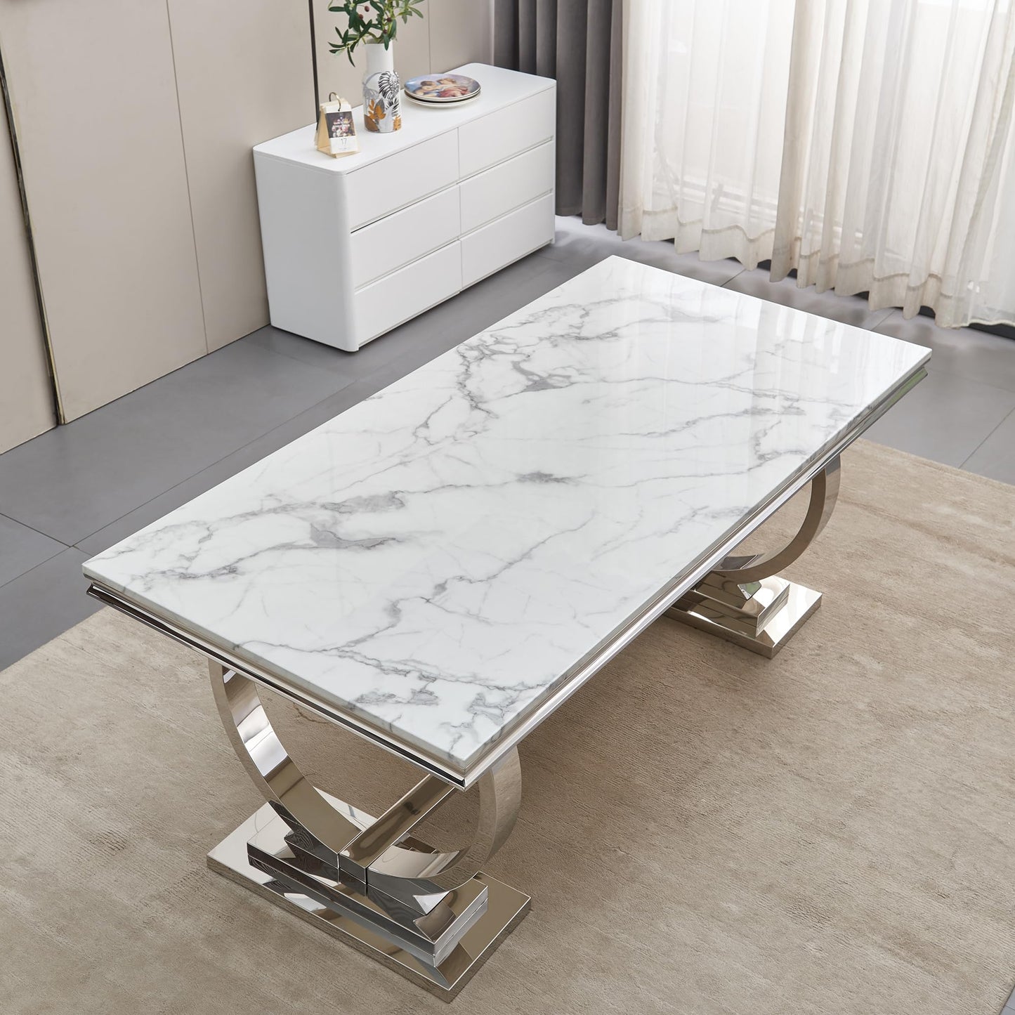 70'' Marble Dining Table for 8 People, Rectangle Faux Marble Dining Table with Silver Mirrored Finish Stainless Steel Base, Modern Marble Kitchen Table for Living Room Home Office - WoodArtSupply