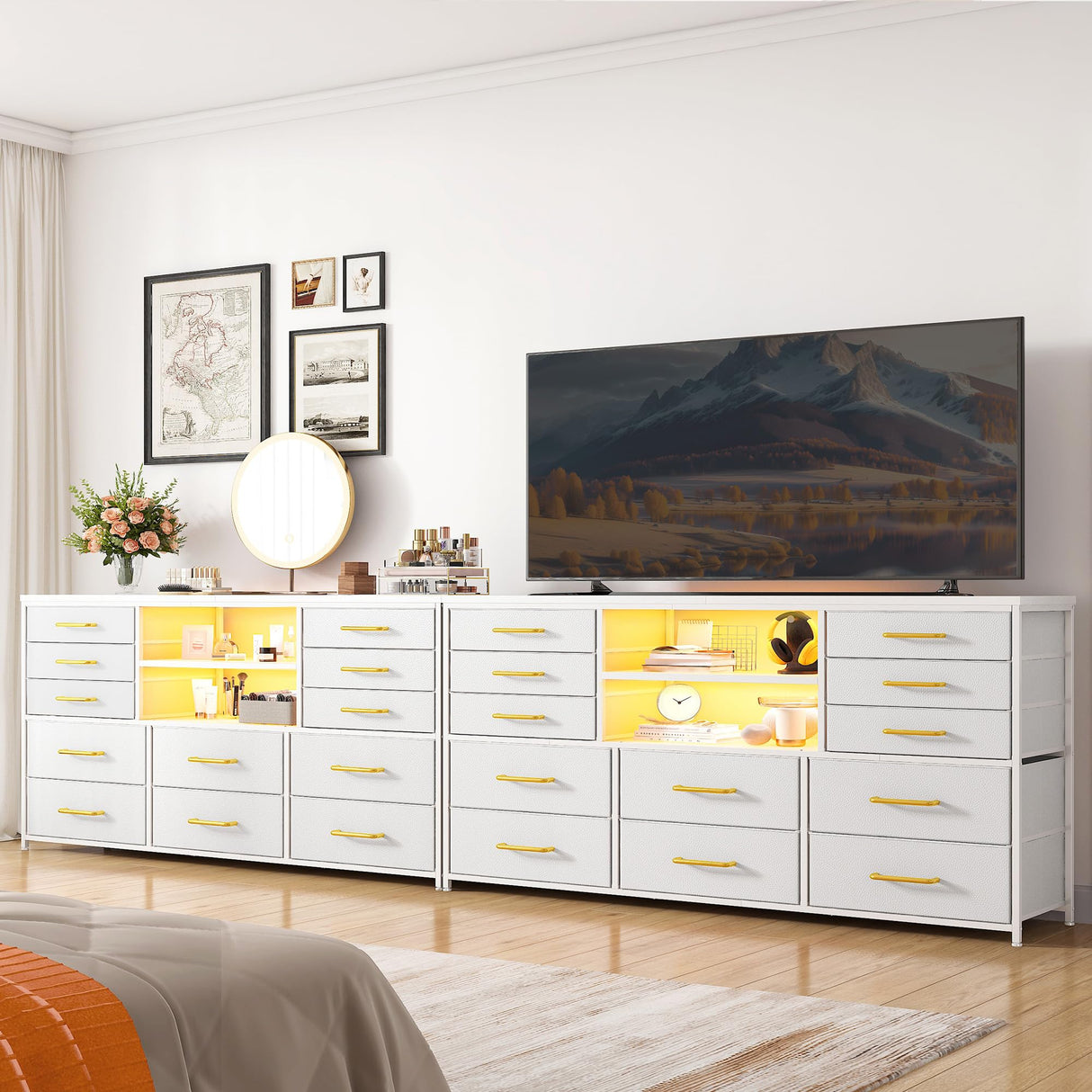 EnHomee White Dresser for Bedroom with 12 Drawers, Fabric Bedroom Dresser with LED Lights & Power Outlets Long Dressers & Chest of Drawers, Sturdy Dresser for Closet, Living Room, Hallway EnHomee