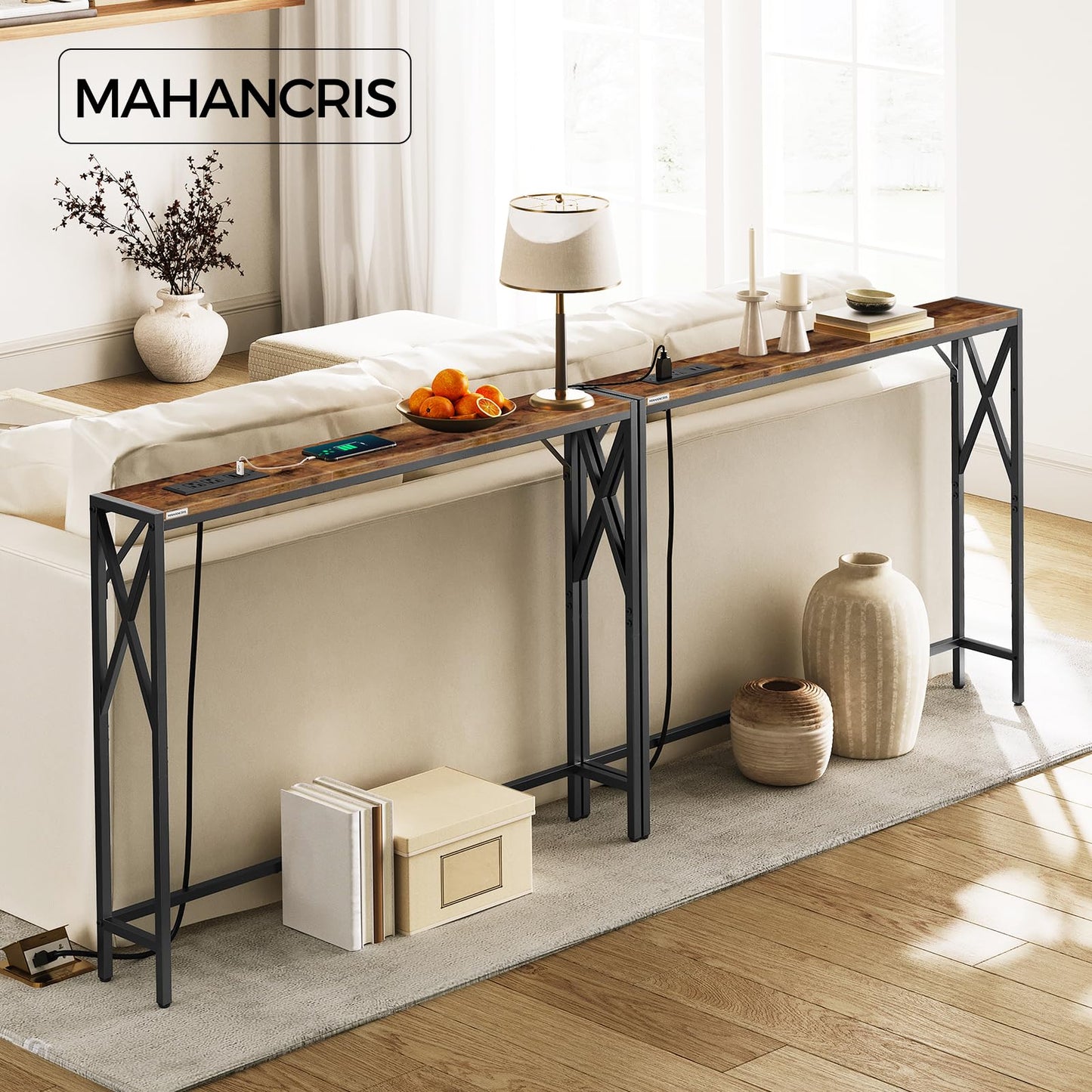 MAHANCRIS 2 Pack Narrow Sofa Table with Charging Station, 39.4" L x 5.9" W x 29" H, Skinny Console Table, Long Entryway Table, Hallway Table, Couch Table with Power Outlets, Rustic Brown CTHR151E01S2