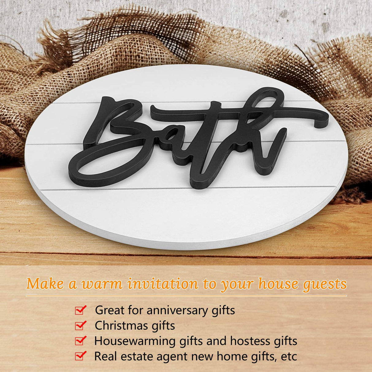 Modern Rustic 3D Bath Sign,Wooden, Handcrafted, Shiplap Farmhouse Bathroom Round Sign for Wall Hanging Décor for Home (White) Biewoos