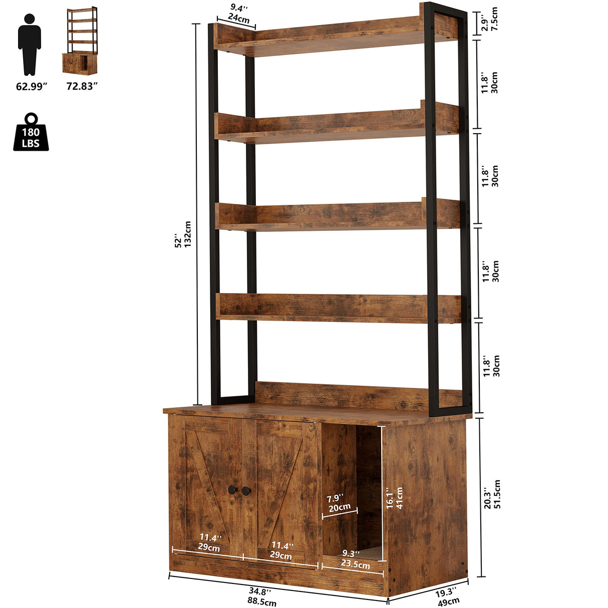 IRONCK Litter Box Enclosure with 4 Shelves and Doors, Large Wood Cat Litter Box Furniture Hidden with Storage and Scratch, Fit Most of Litter Box, Vintage Brown IRONCK